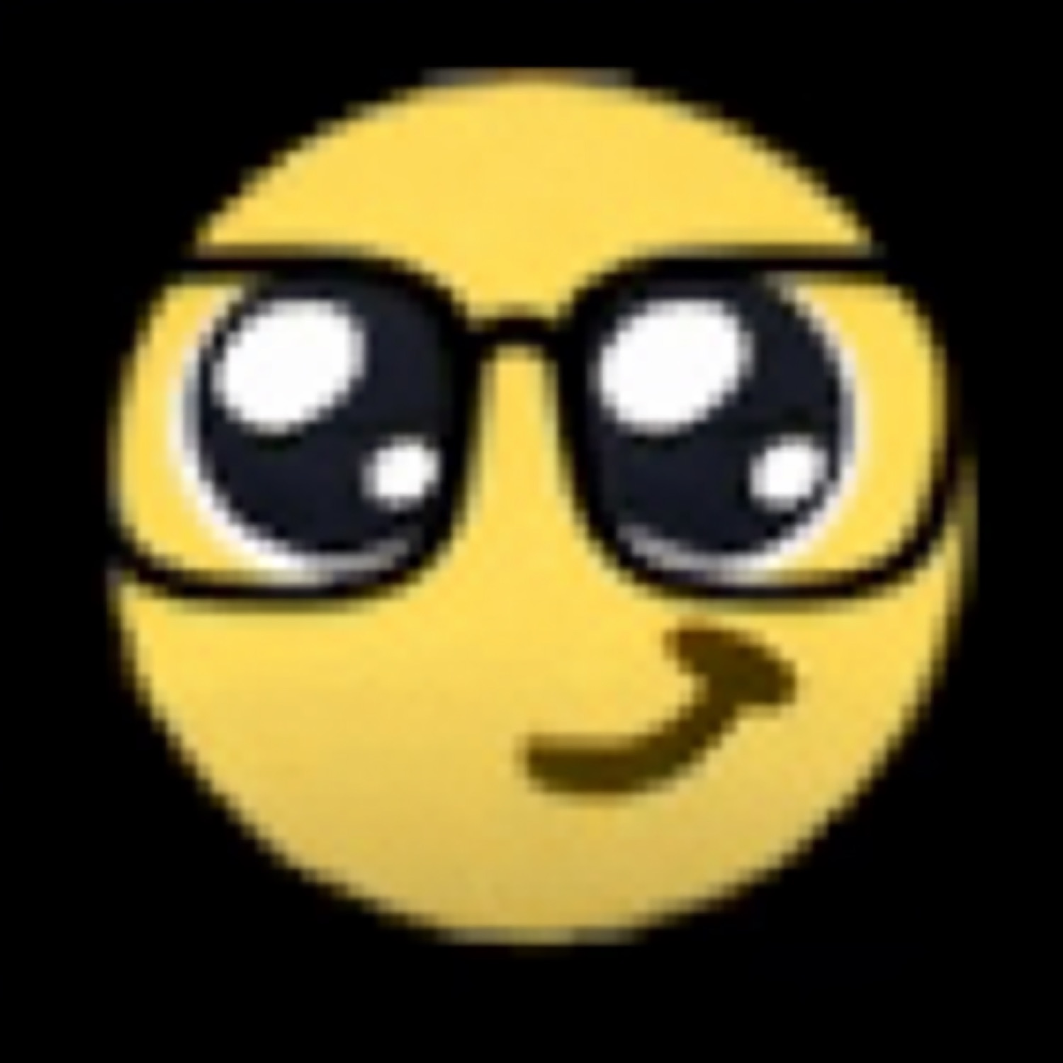 Grainy yellow smiley with glasses giving a sideways smug little smirk