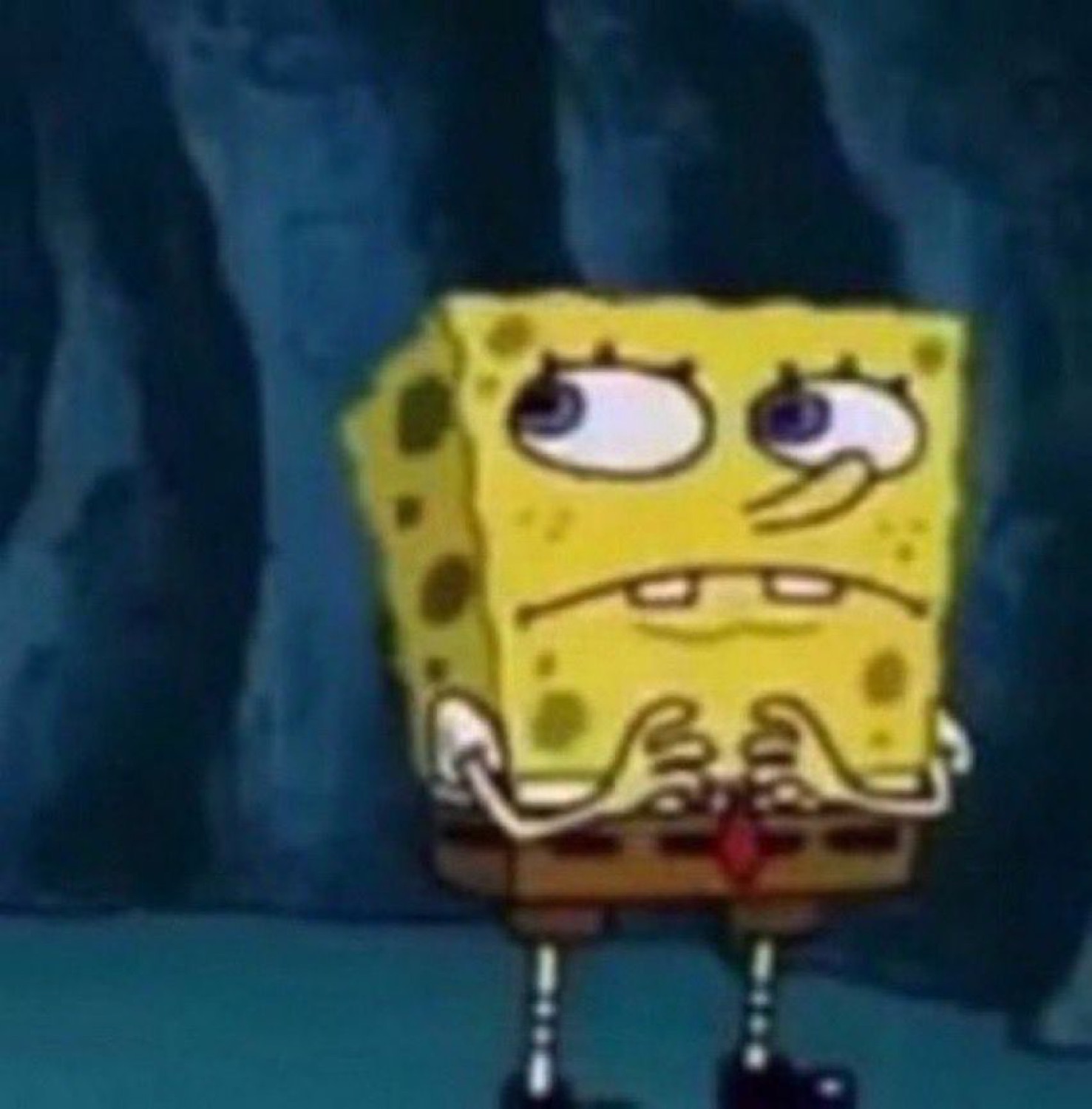 SpongeBob timidly wringing his hands with a small, worried, nervous frown