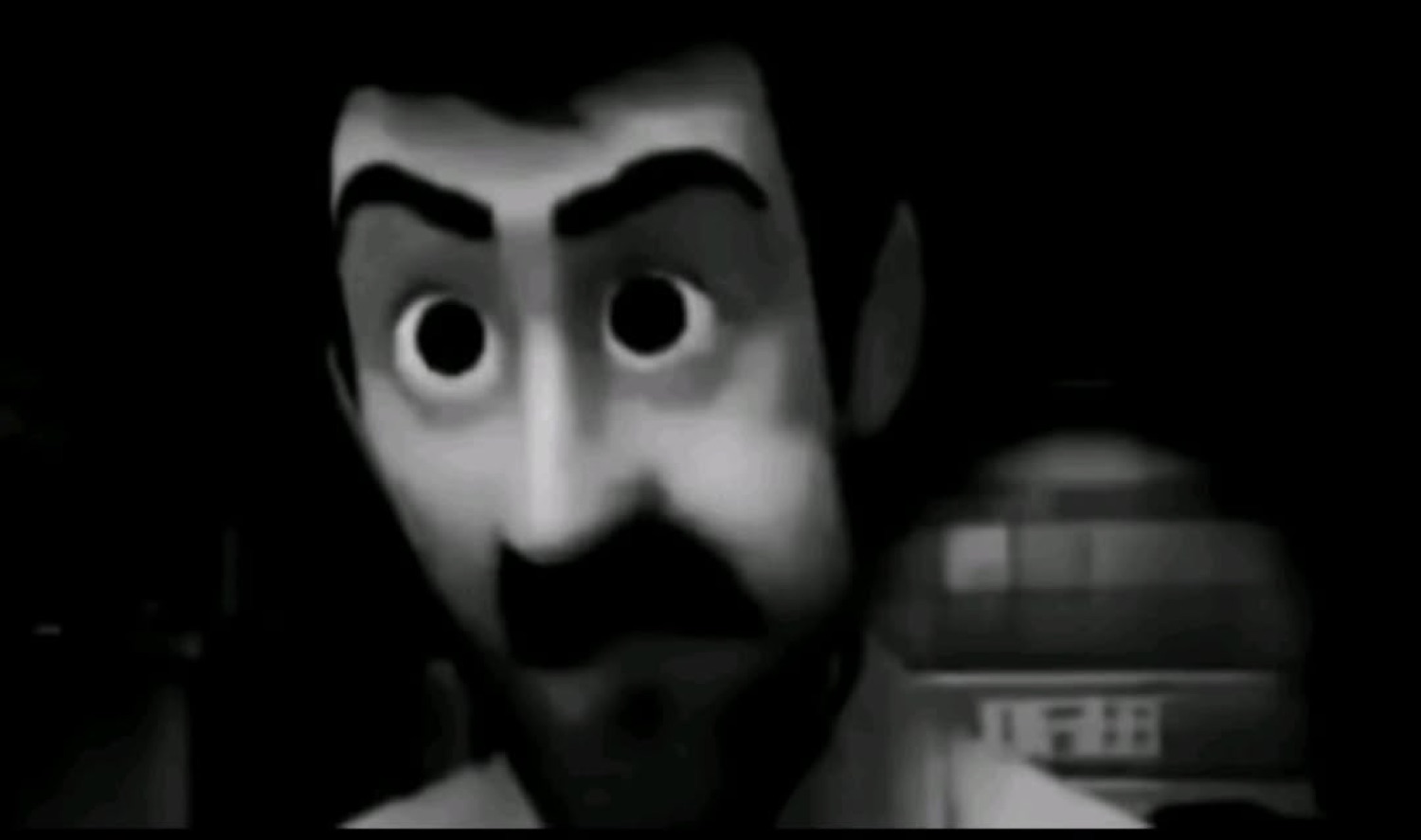 Grainy black-and-white cartoon man with wide staring eyes looking spooked in the dark