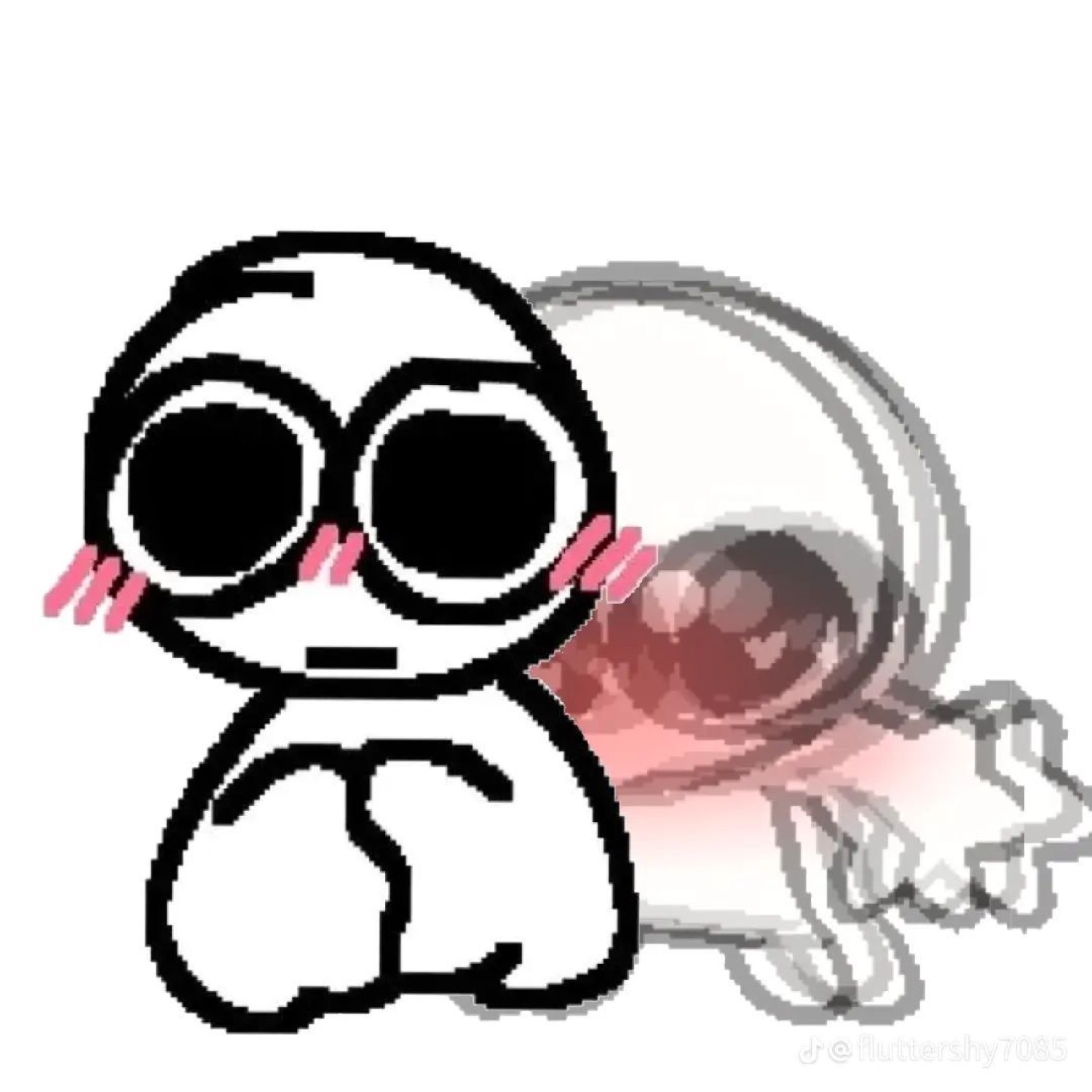 Blushing stick-figure cartoon with huge eyes looking flustered and shy