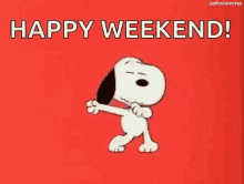 Snoopy dancing on a red background, "Happy weekend!"