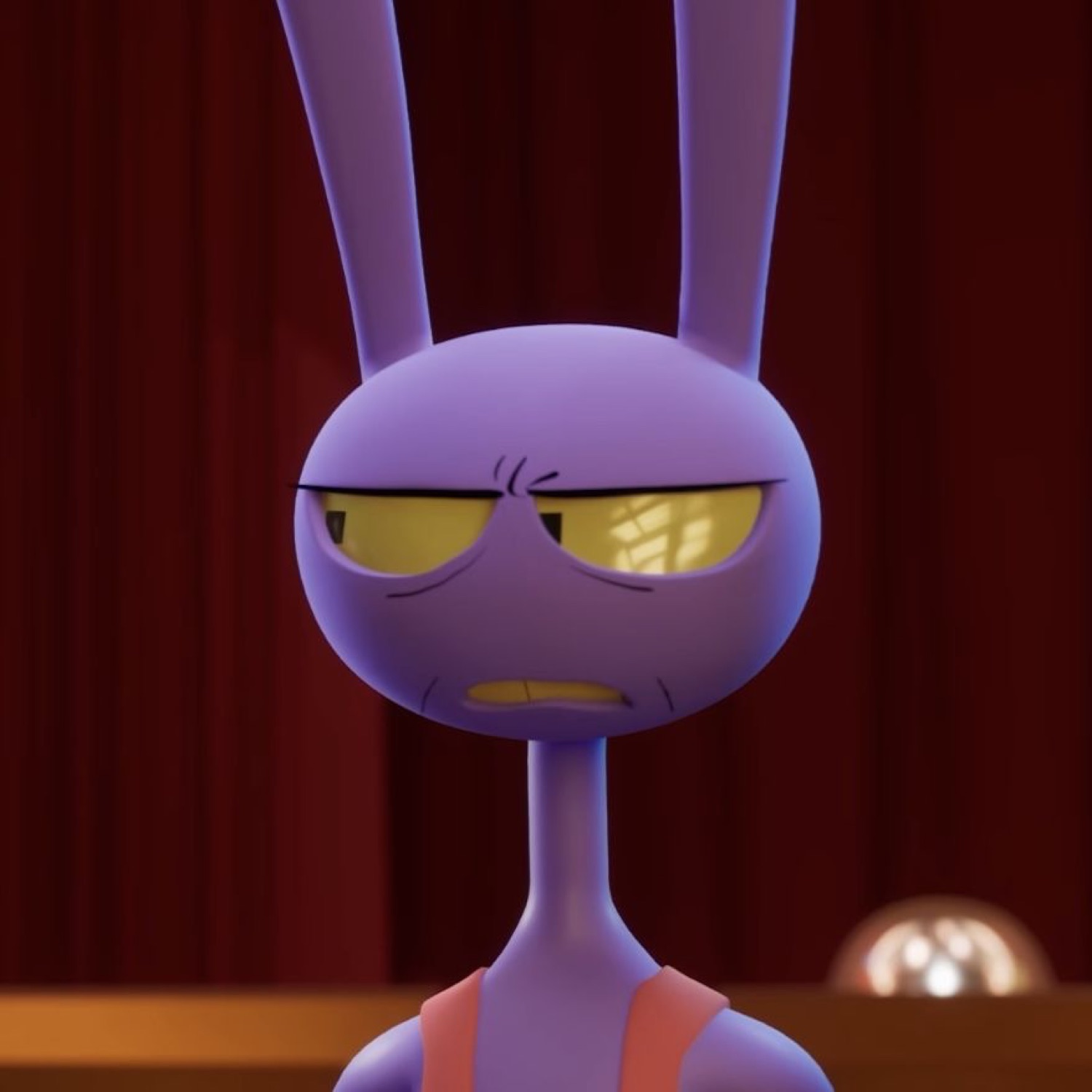 Grumpy purple cartoon rabbit in a courtroom with a sour, unimpressed frown