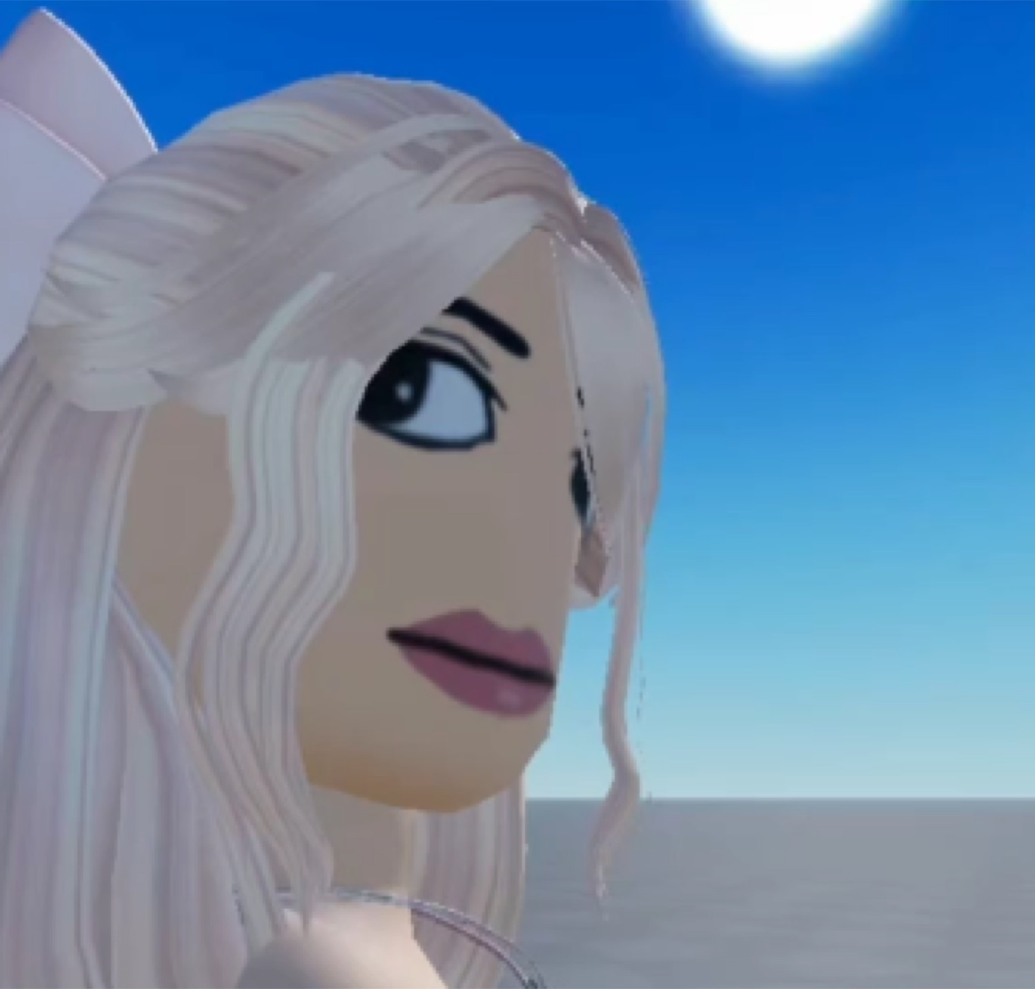 Roblox-style anime girl with white hair and cat ears giving a long side-eye