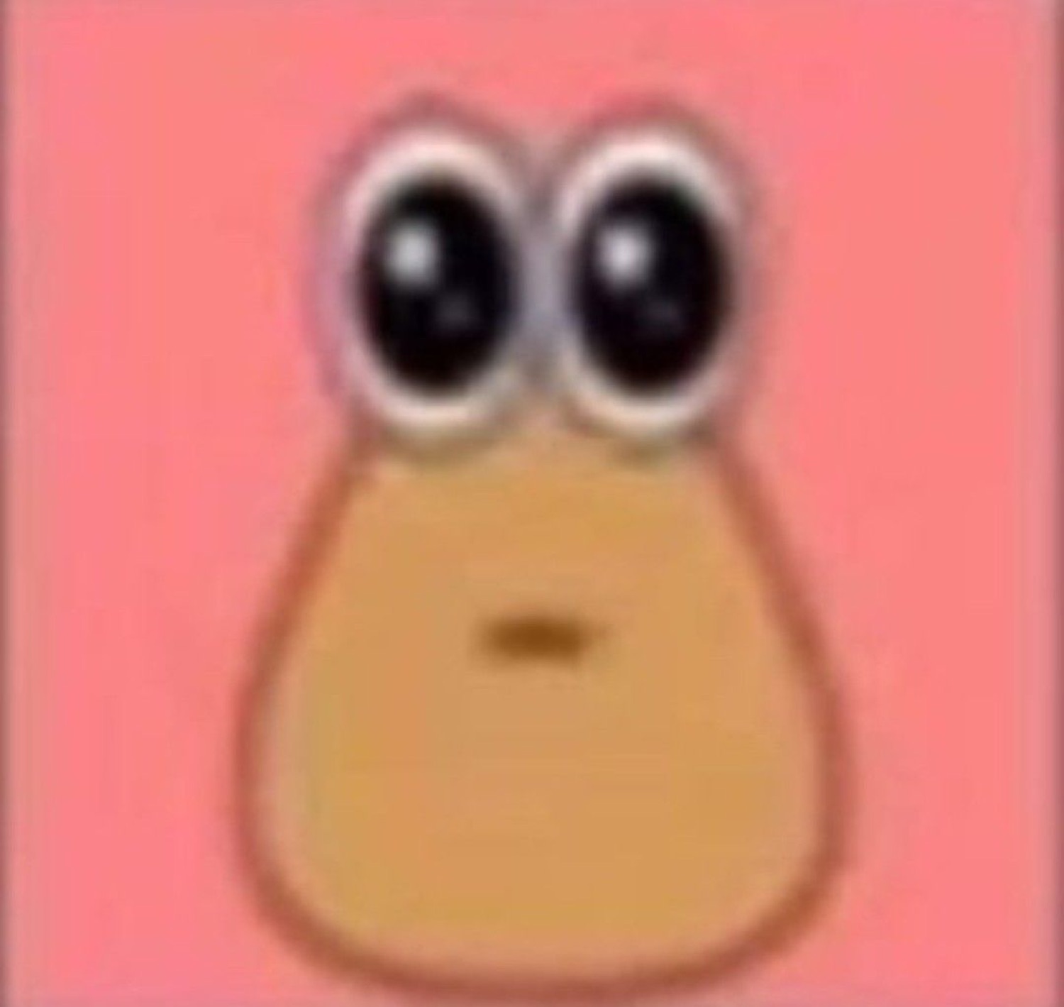 Blurry cartoon blob creature with huge eyes and a tiny mouth staring vacantly on pink