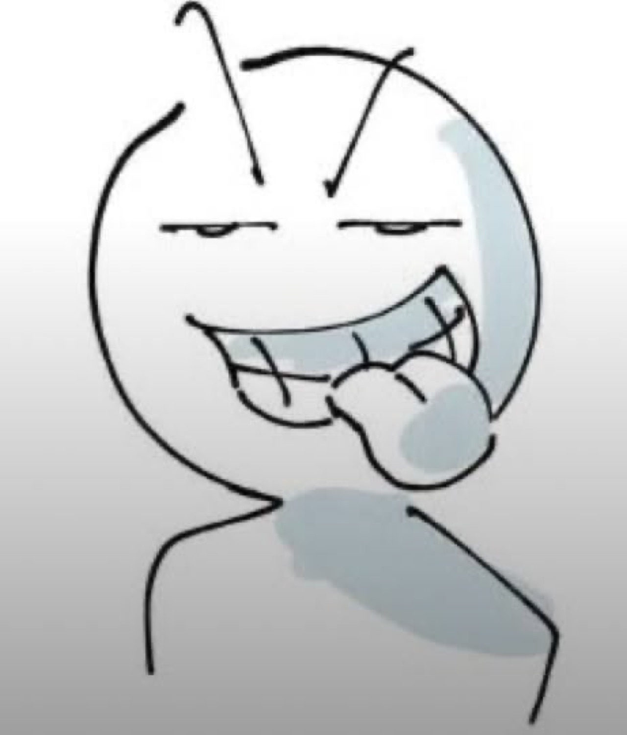 Stick-figure troll face grinning smugly with fist under chin, plotting something