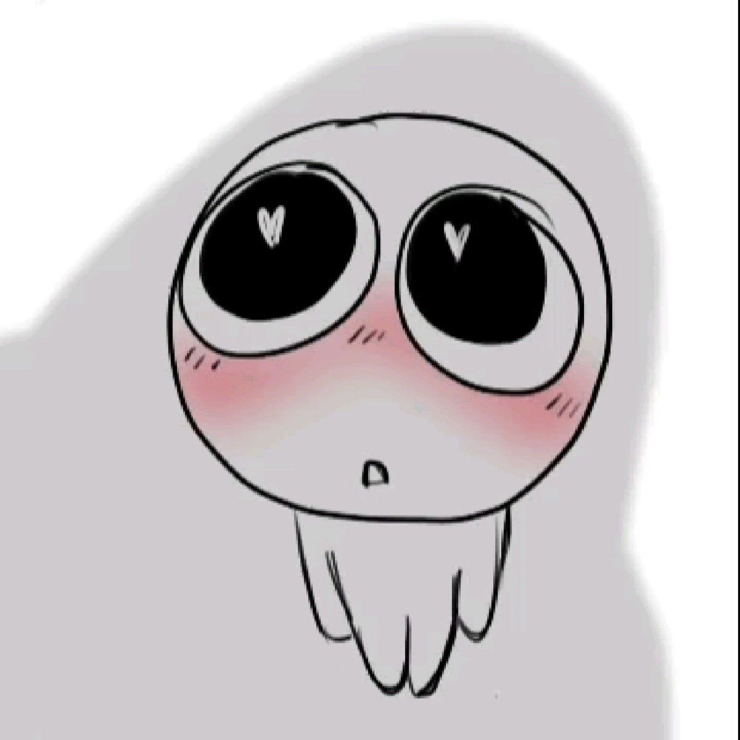 Doodled blushing creature with heart-filled eyes and rosy cheeks, love-struck