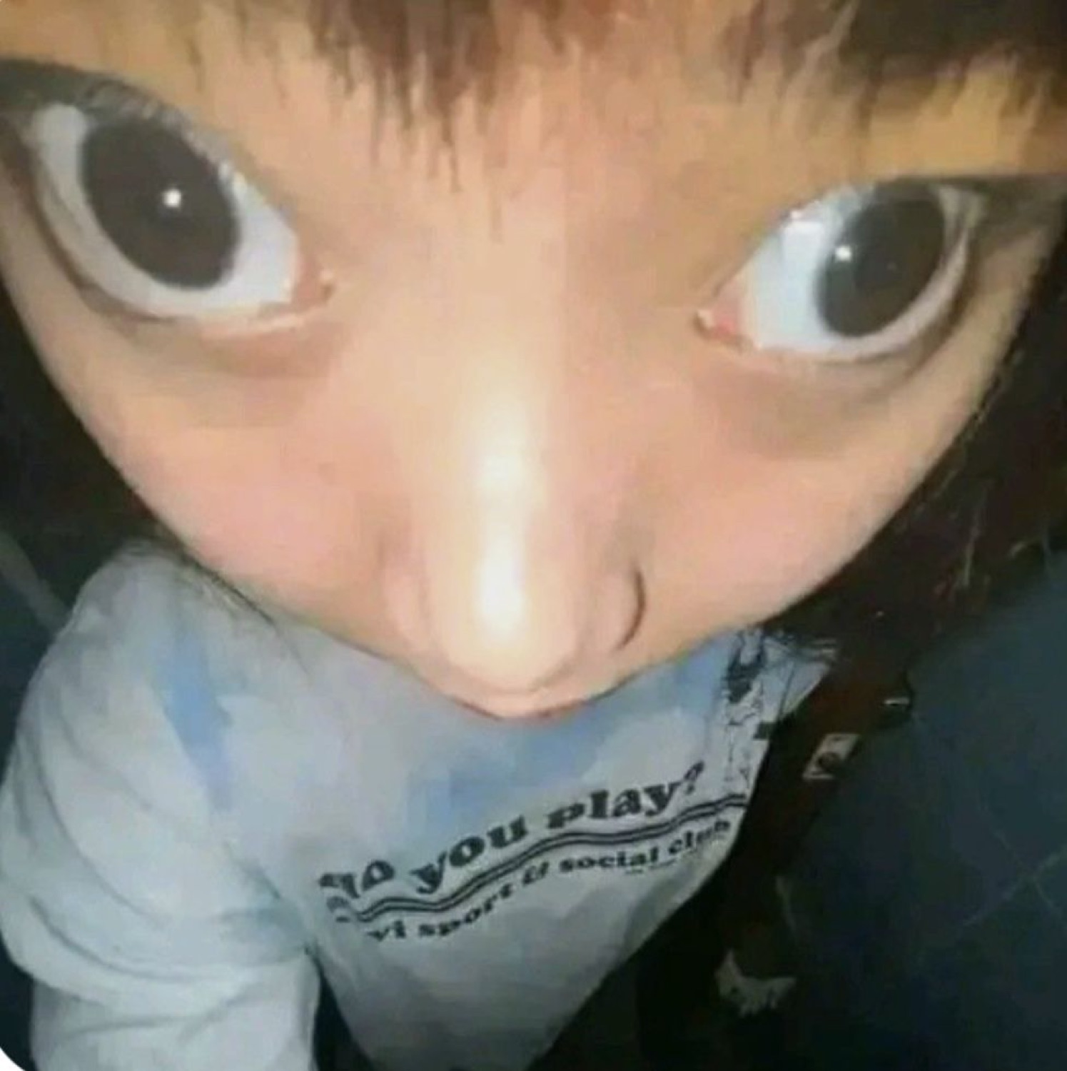 Distorted wide-eyed close-up of a person warped into a cursed face