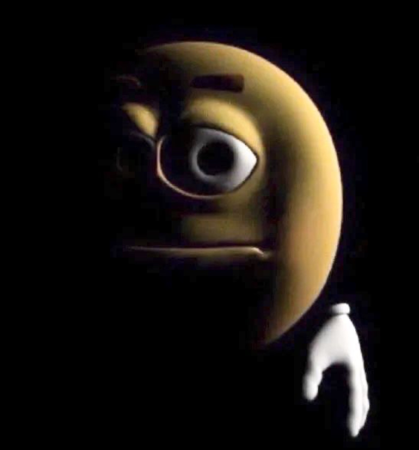 3D emoji face lurking in darkness with one wild eye and a sinister expression