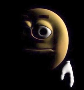 3D emoji face lurking in darkness with one wild eye and a sinister expression