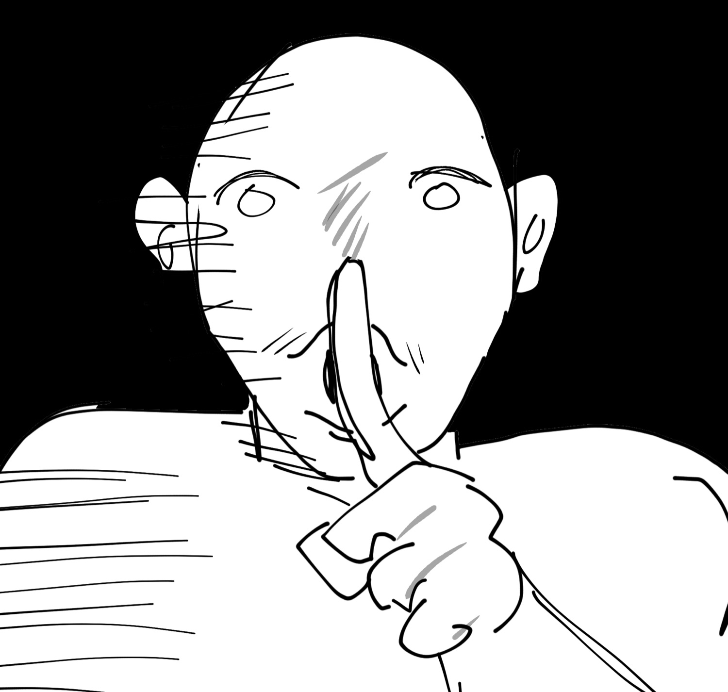 Saitama from One Punch Man in rough sketch style pressing a finger to his lips