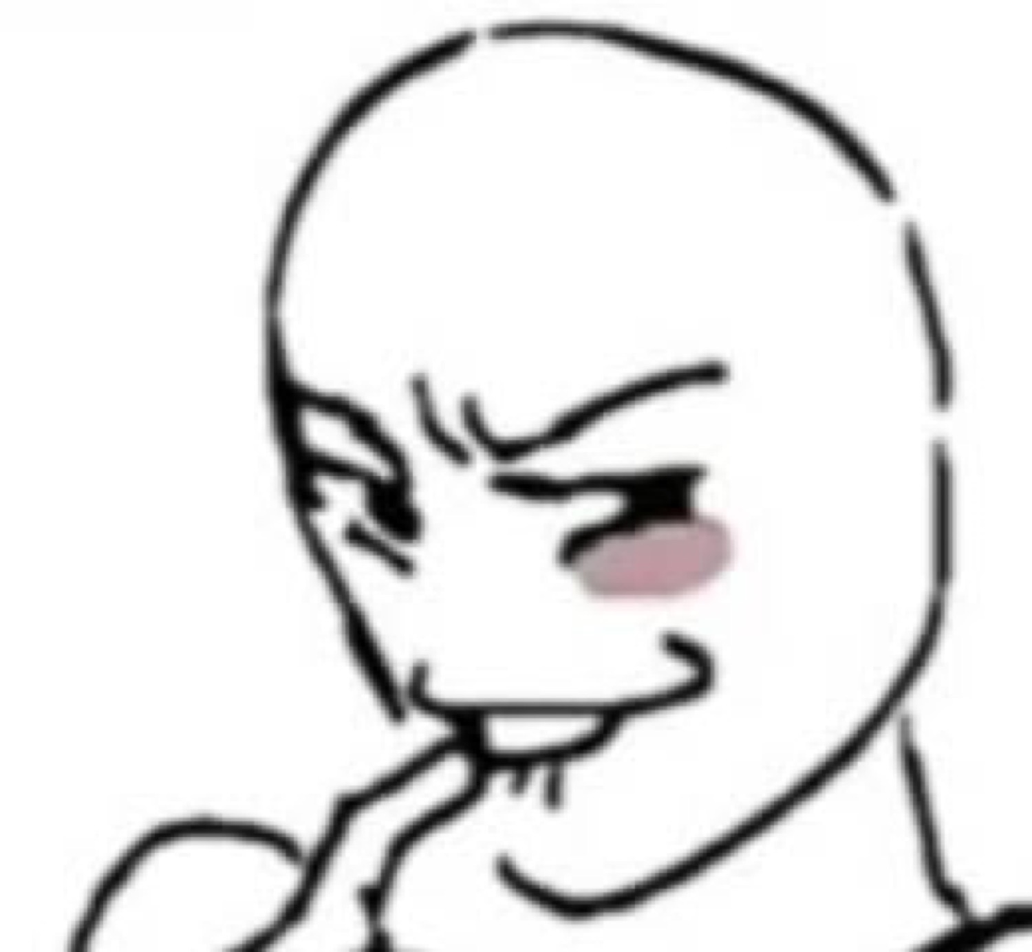 Minimalist stick-figure wojak with a sly smirk and flushed cheek, plotting something