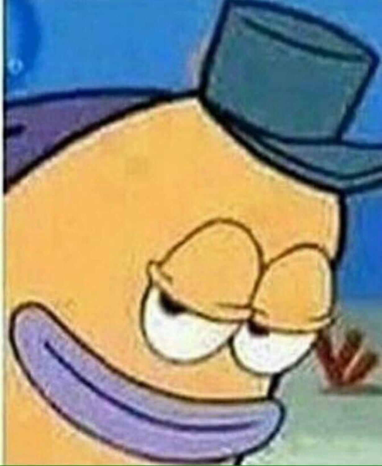 SpongeBob background fish character with a shifty side-eye and a sly grin under his top hat