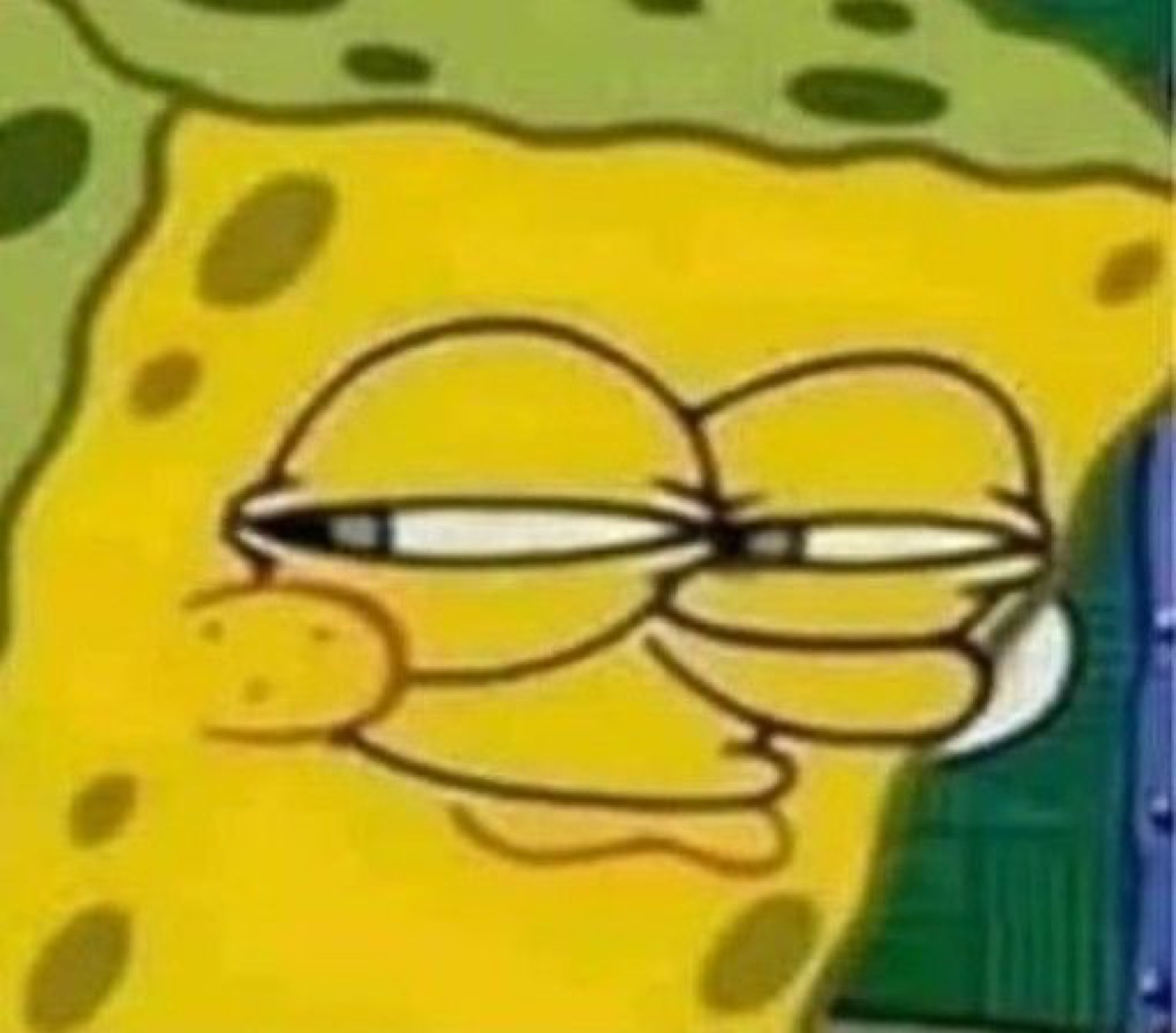 SpongeBob squinting hard with a tiny frown, looking thoroughly unimpressed