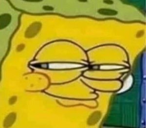 SpongeBob squinting hard with a tiny frown, looking thoroughly unimpressed