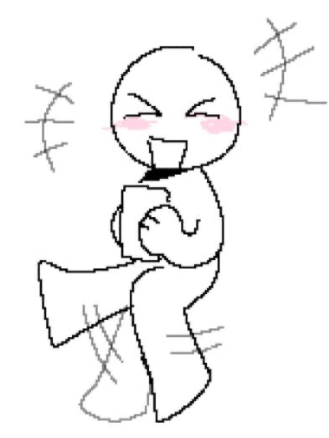Crude stick-figure doodle laughing smugly while pointing, cheeks blushing