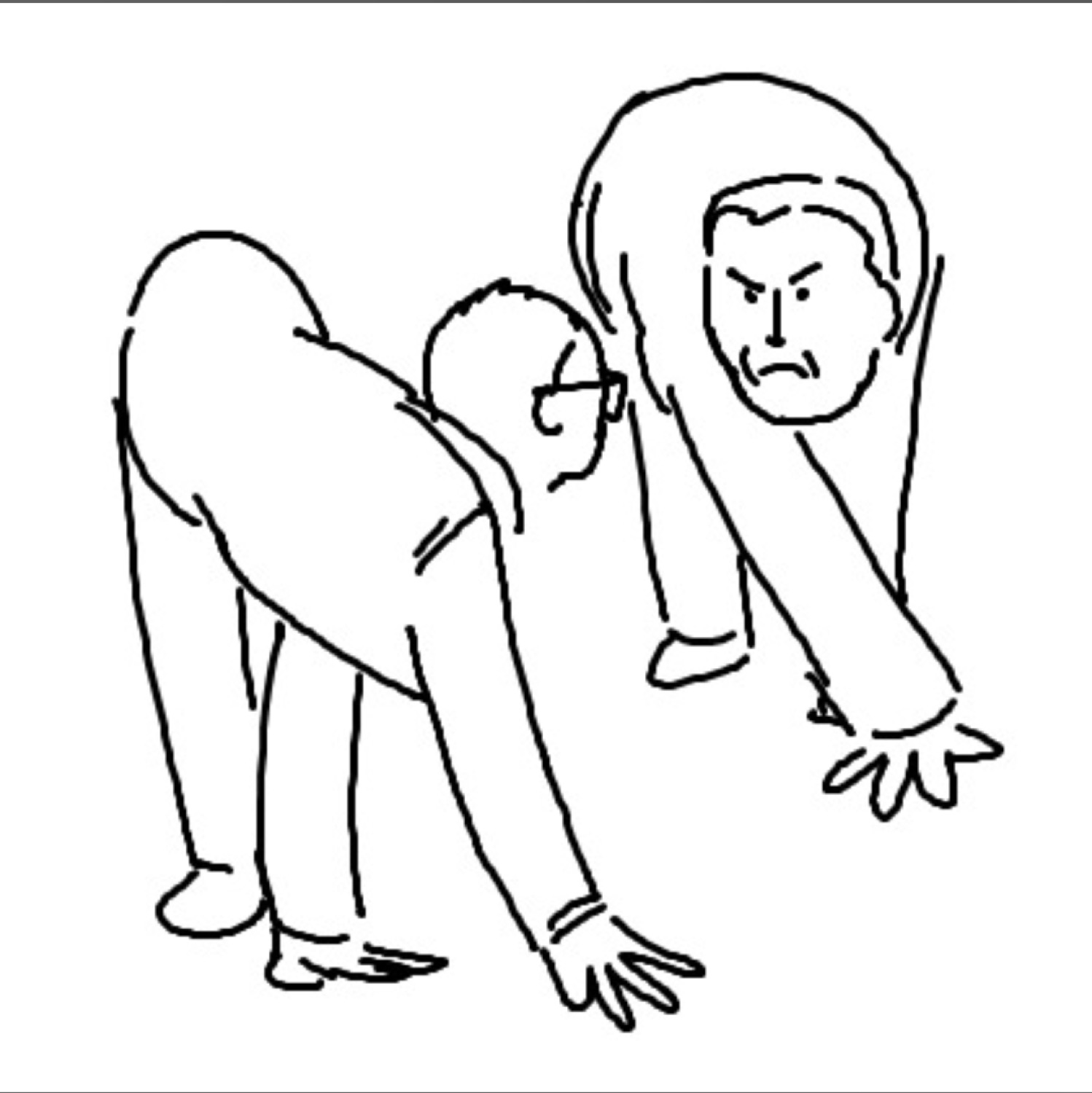 Crude stick-figure drawing of an angry hooded man reaching down, glaring