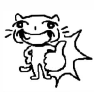 Crude line-art cat flashing a confident thumbs-up with a big goofy grin
