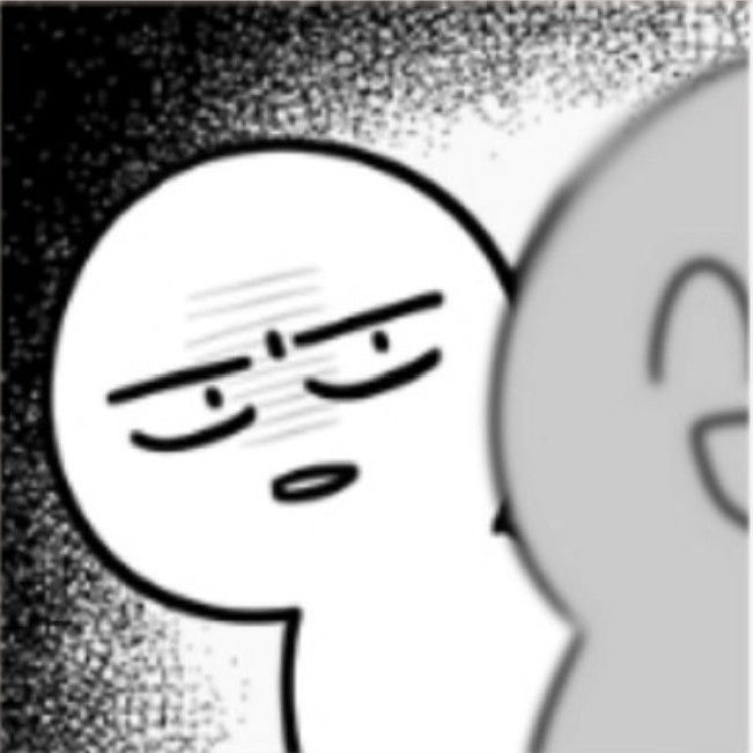 Black-and-white cartoon face with droopy half-lidded eyes giving a done, unimpressed look