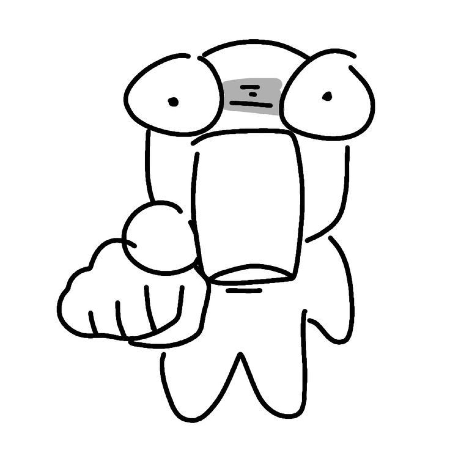 Crude doodle creature holding up a phone with a blank, startled face