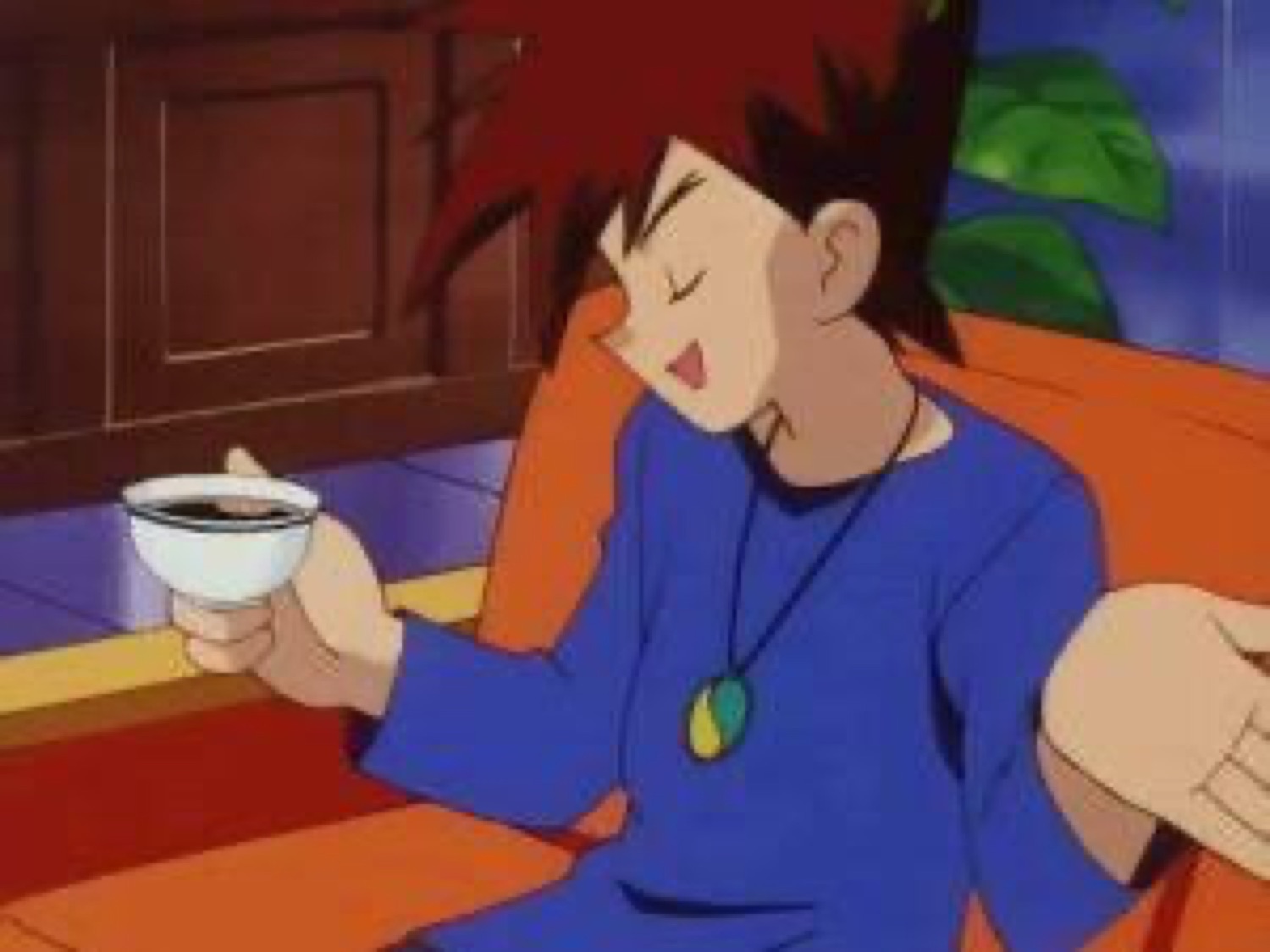 Anime boy with spiky hair kicking back and smugly sipping from a teacup