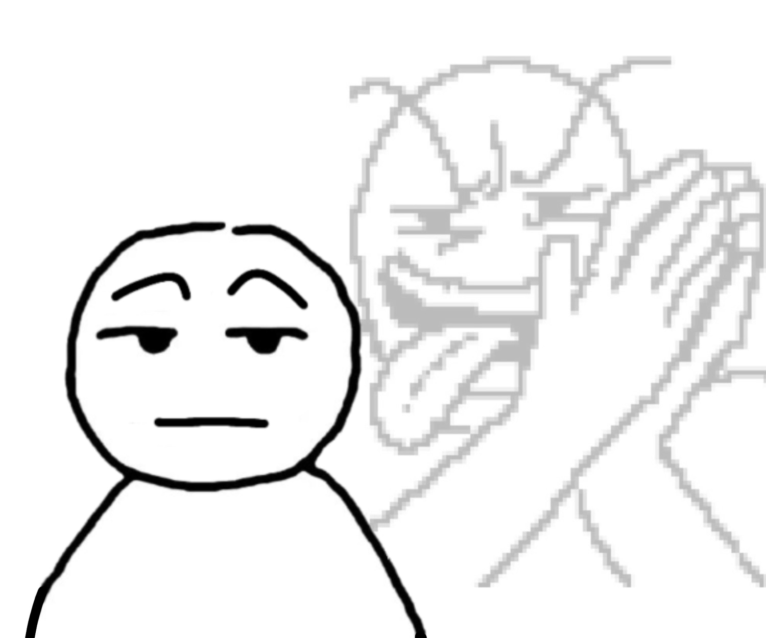 Simple stick-figure dude looking unbothered while a sinister figure looms behind him
