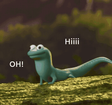 Cartoon lizard waving excitedly, "Oh! Hiiii"