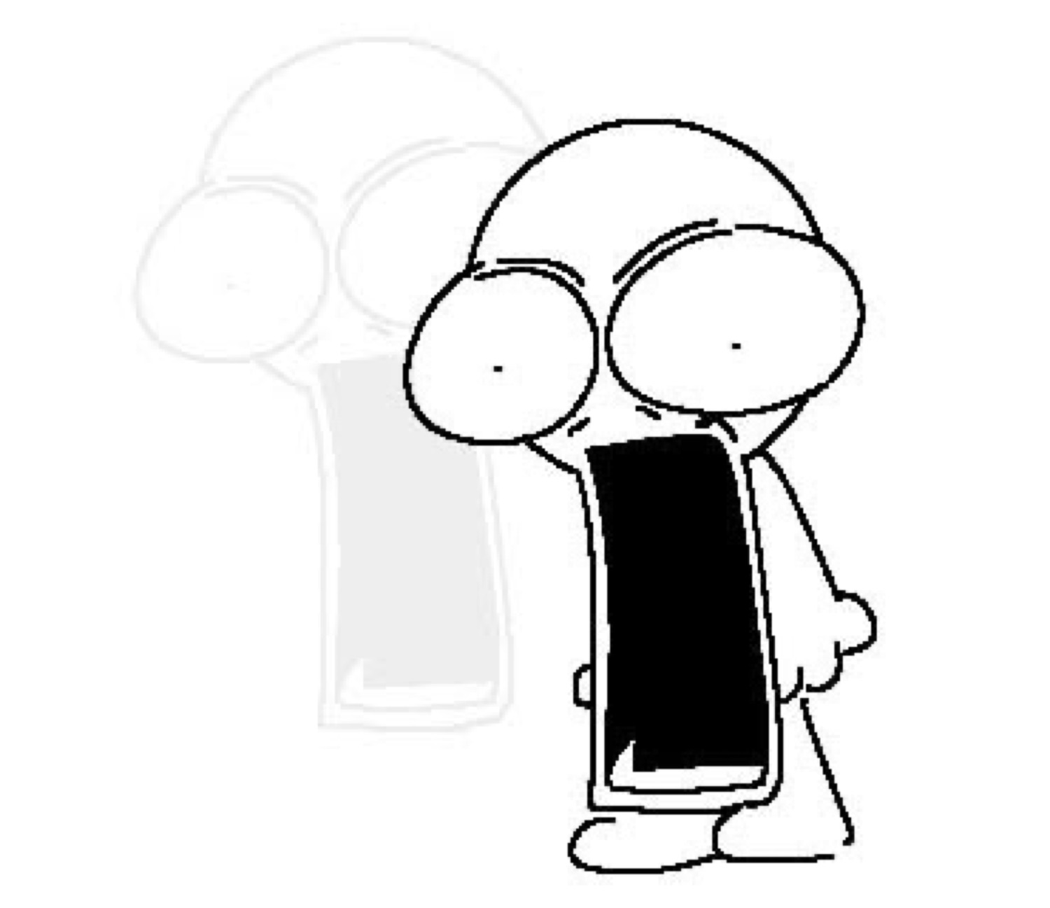 Simple stick-figure character with giant eyes and a huge open mouth in pure shock