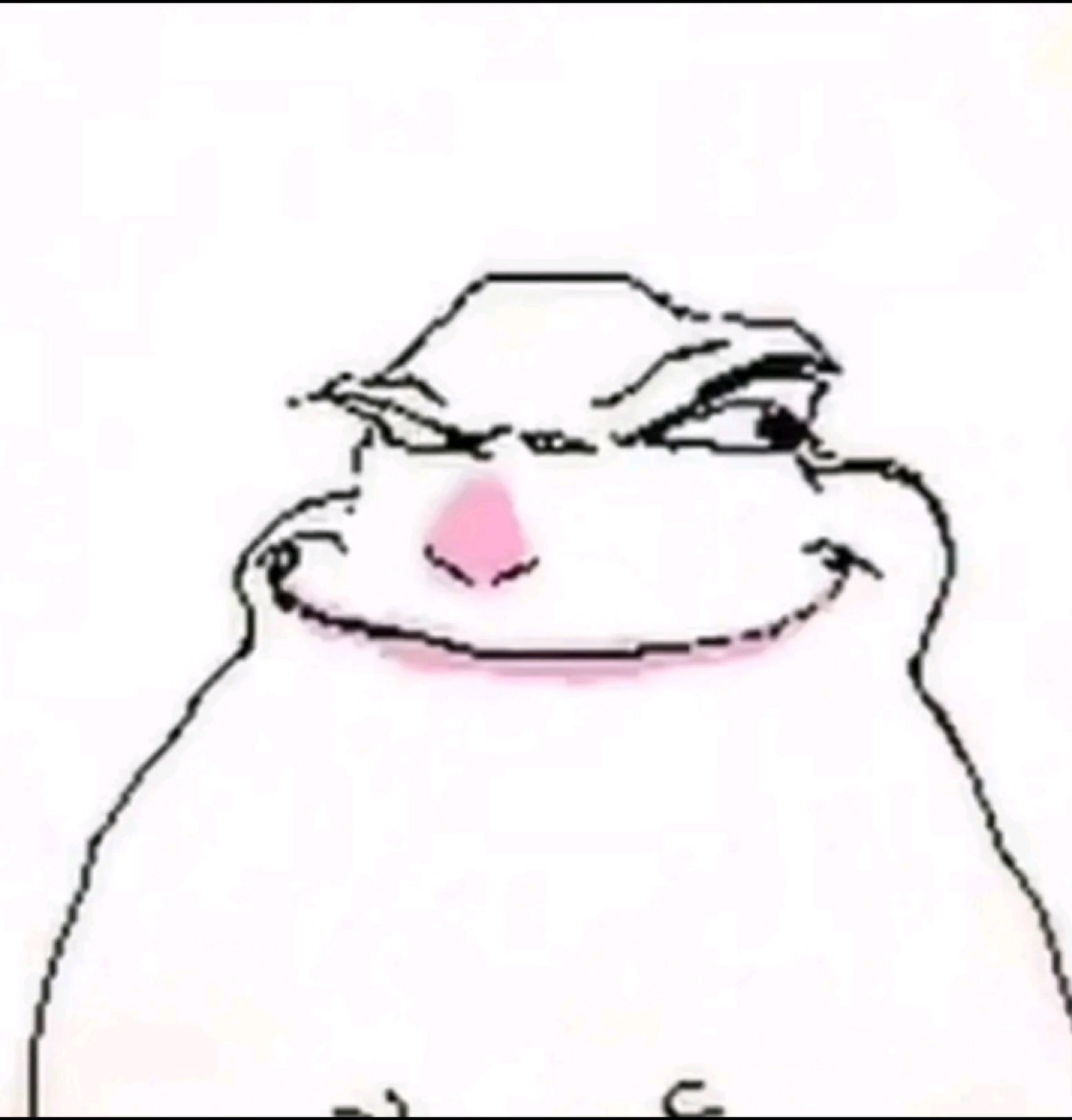 Crude white frog-like doodle wearing a smug, self-satisfied smirk