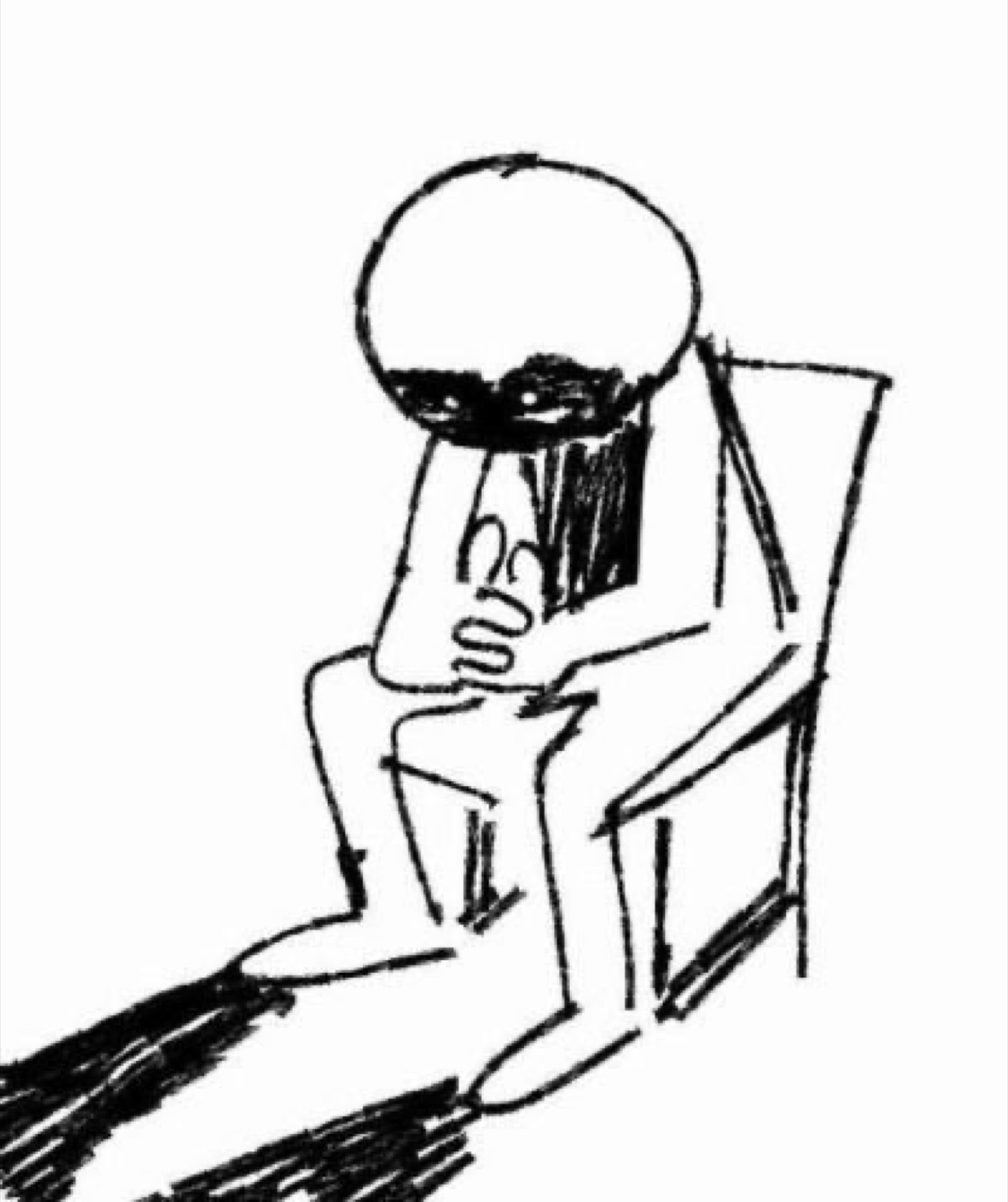 Rough stick-figure sketch of a dejected person slumped in a chair staring at the floor
