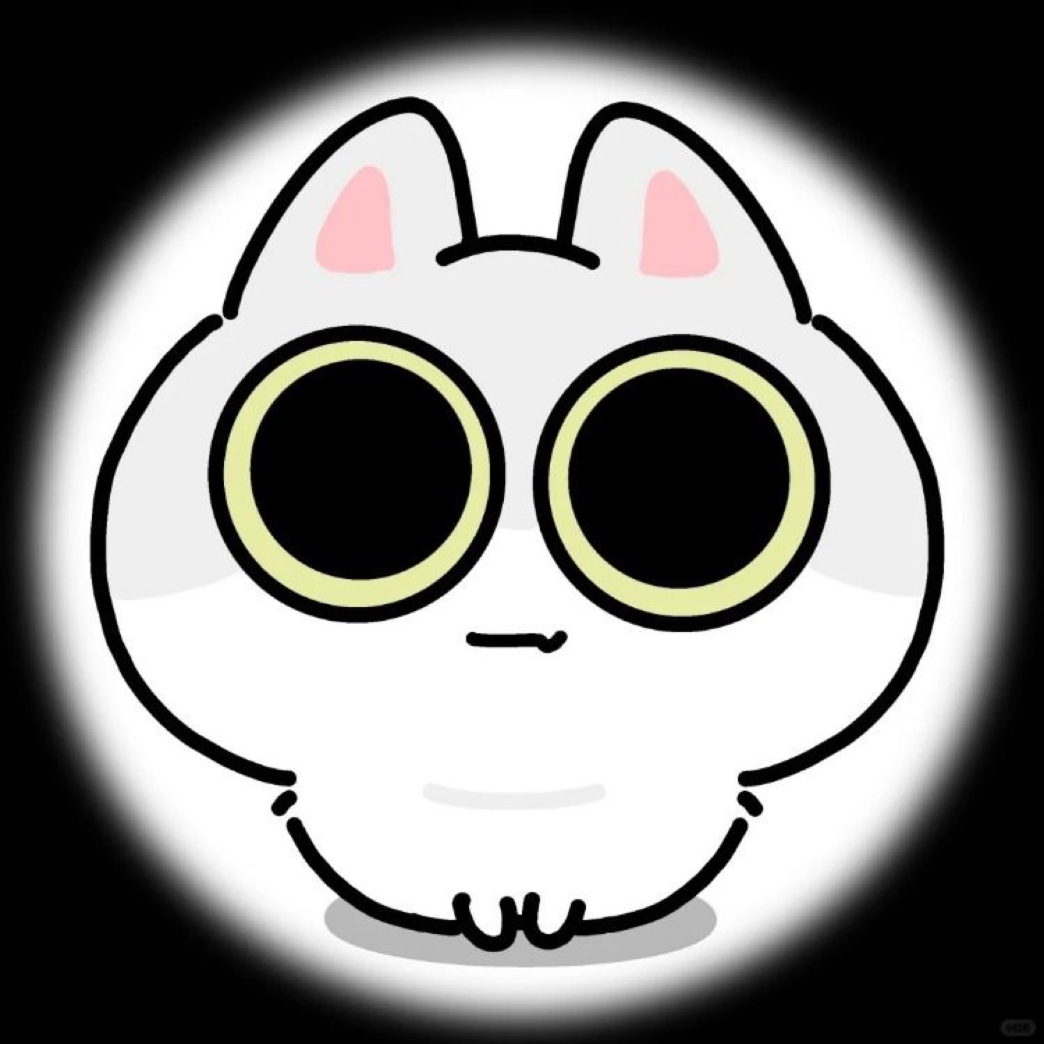 Cartoon cat with huge black pie eyes and a flat, blank stare