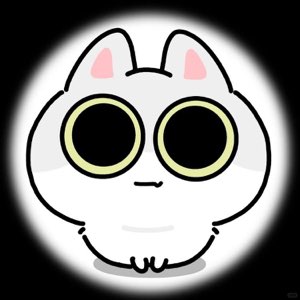Cartoon cat with huge black pie eyes and a flat, blank stare