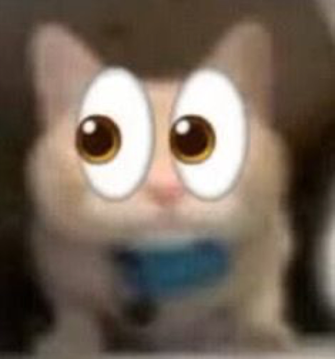 Cat with cartoon googly eyes and a blue tape-covered mouth staring blankly ahead