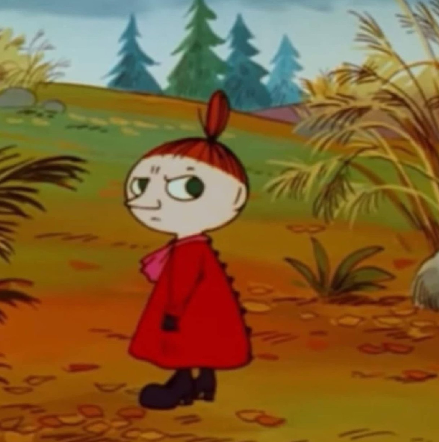 Little My from Moomin giving a slow, disapproving over-the-shoulder glare