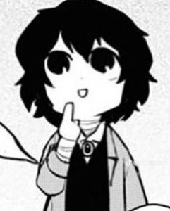 Black-and-white manga girl touching her cheek with a coy, smiling glance