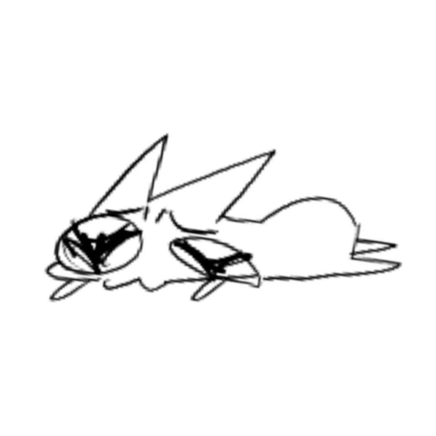 A scribbly line-drawn cat lying flat on its side looking utterly done