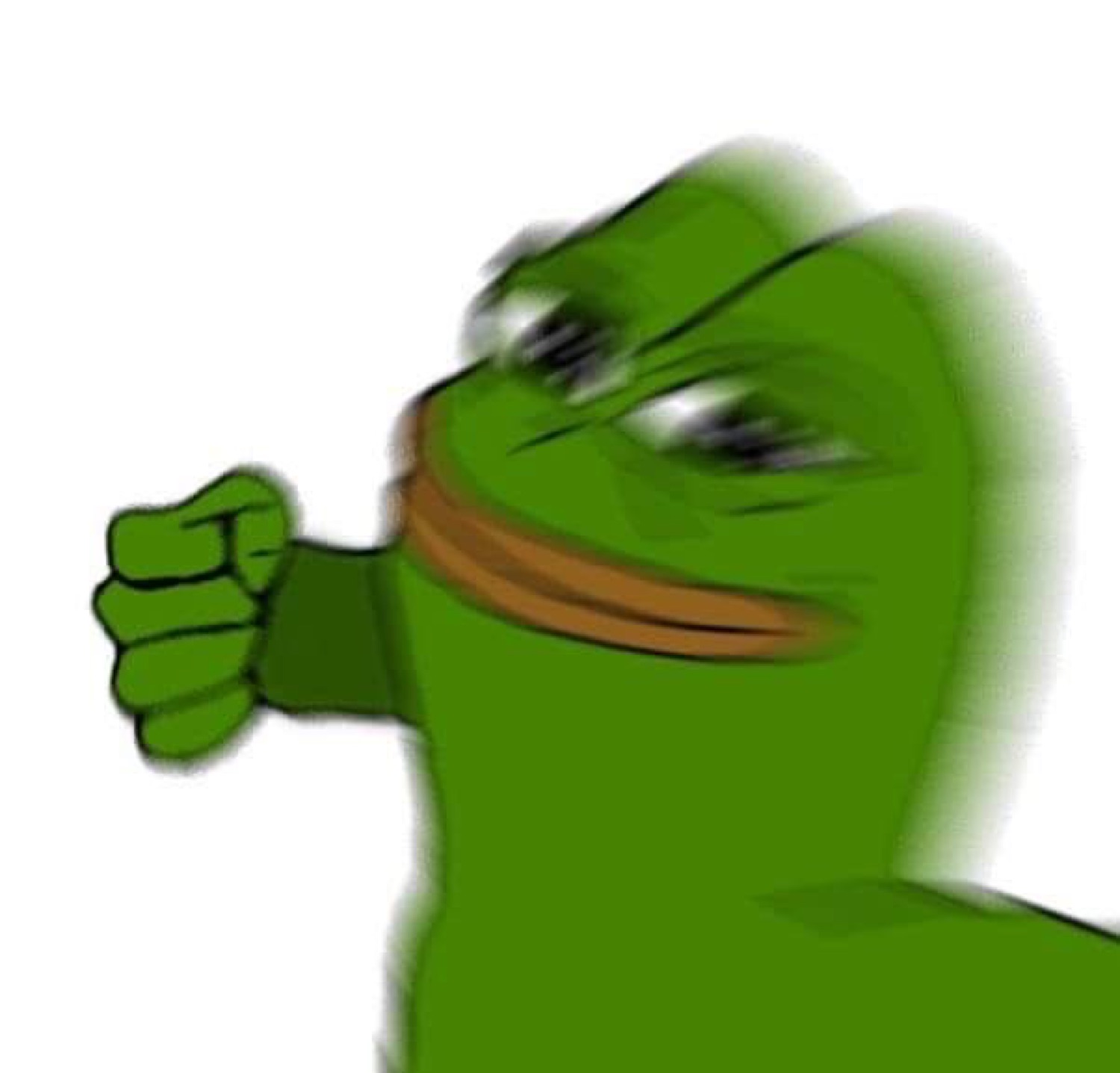 Pepe the Frog leaning in with a smug grin and a raised fist, ready to fight