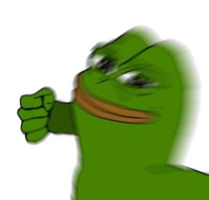 Pepe the Frog leaning in with a smug grin and a raised fist, ready to fight