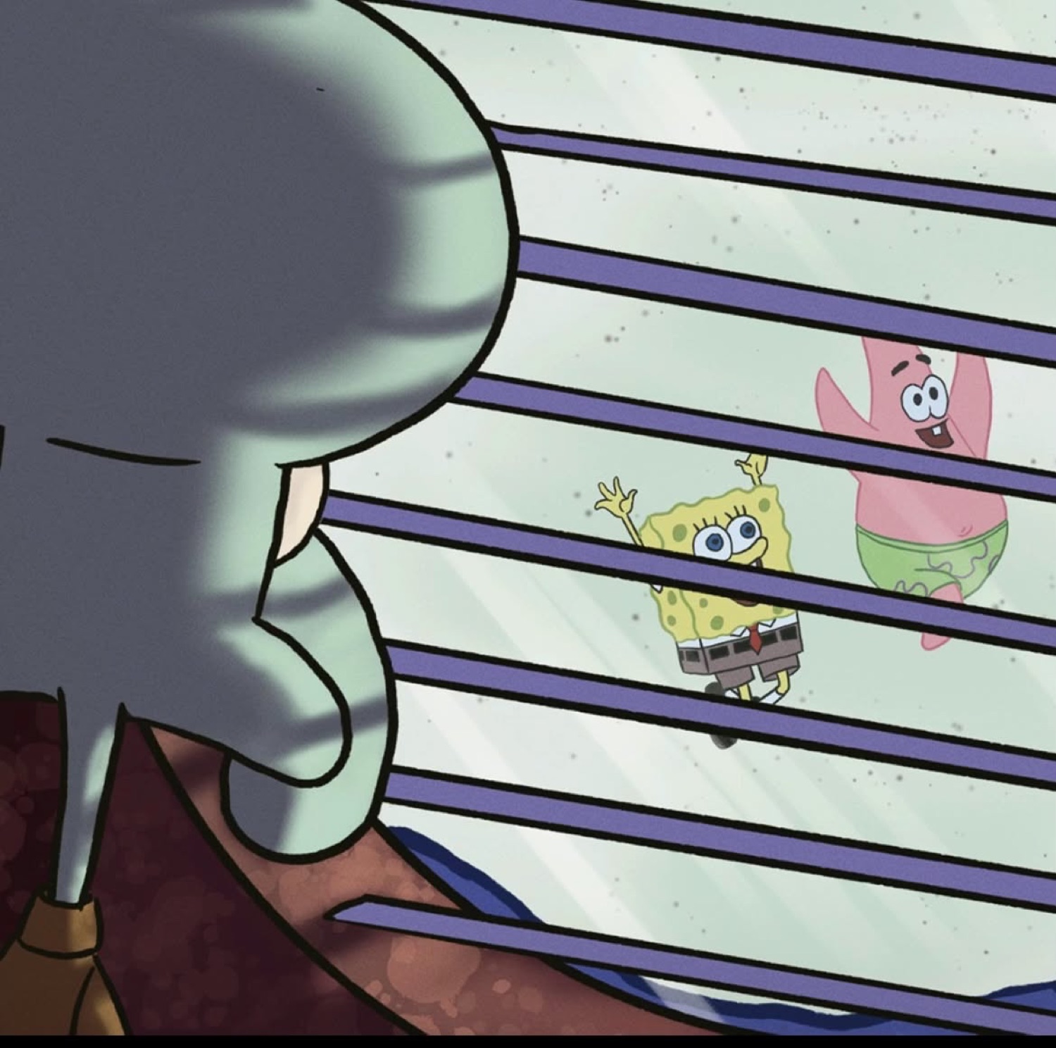 Squidward peeking through the blinds at SpongeBob and Patrick playing outside