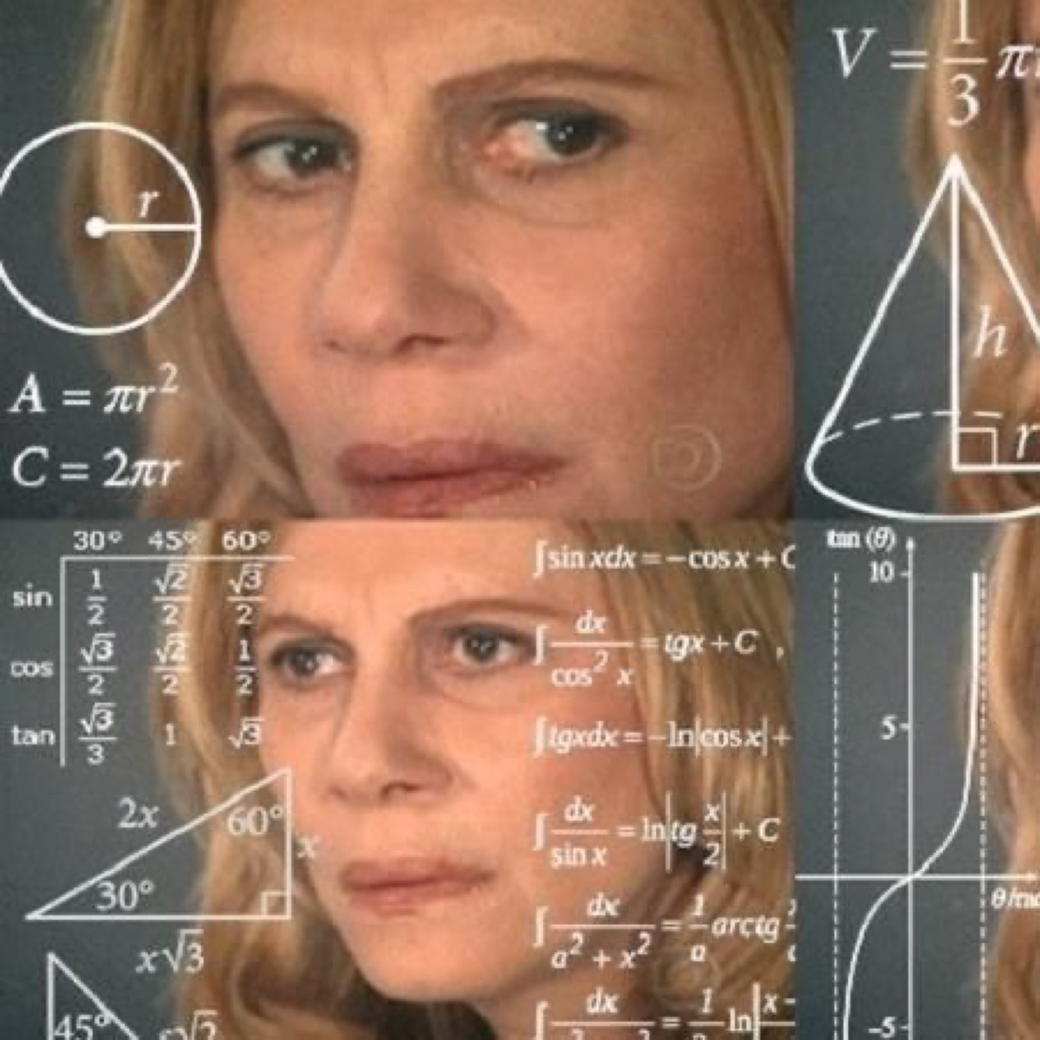 The 'calculating woman' meme with math equations overlaid on her puzzled face, shown twice