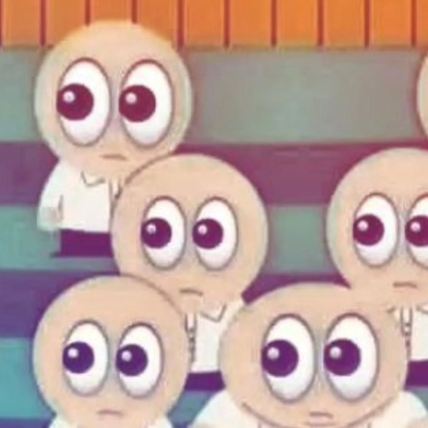 South Park-style round-headed cartoon characters all staring with wide, flat eyes in silent confusion