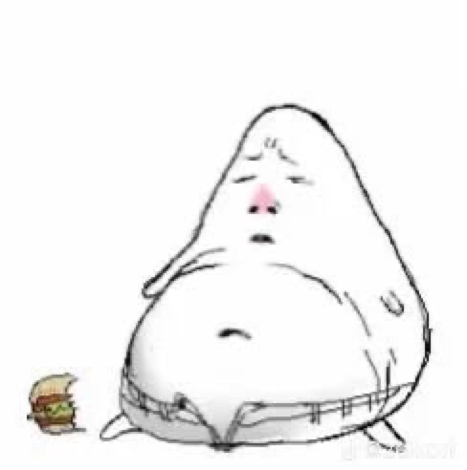 Fat cartoon blob slumped with eyes closed beside a tiny burger