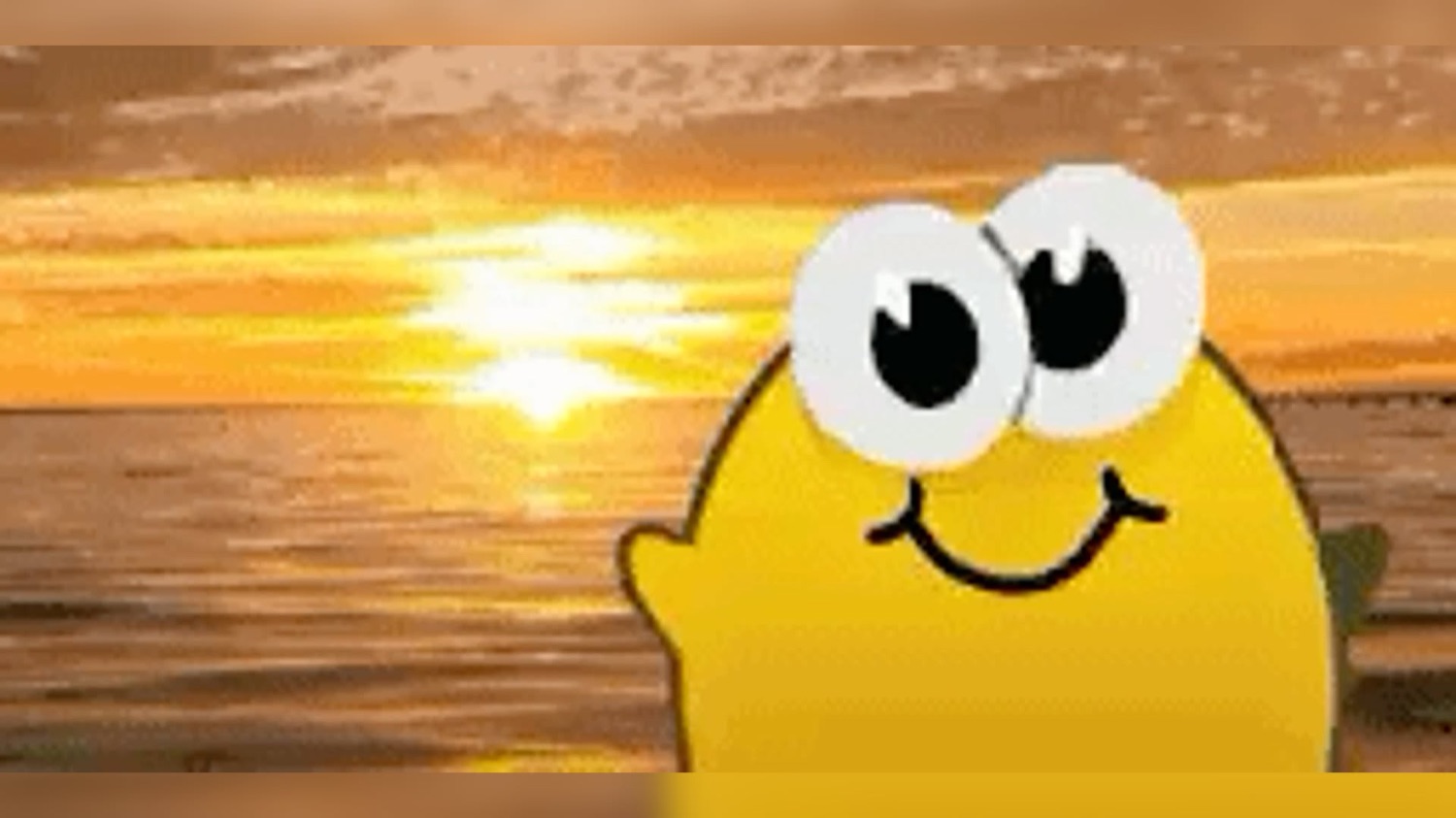 Happy yellow cartoon blob peeking over a sunset horizon with a big goofy smile