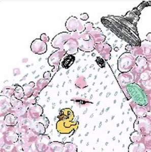 Pixel-art cartoon character taking a shower surrounded by pink bubbles with a deadpan stare