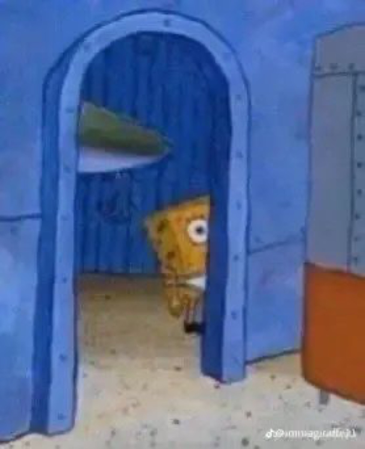 SpongeBob peeking one wide eye around a doorway to see if the coast is clear