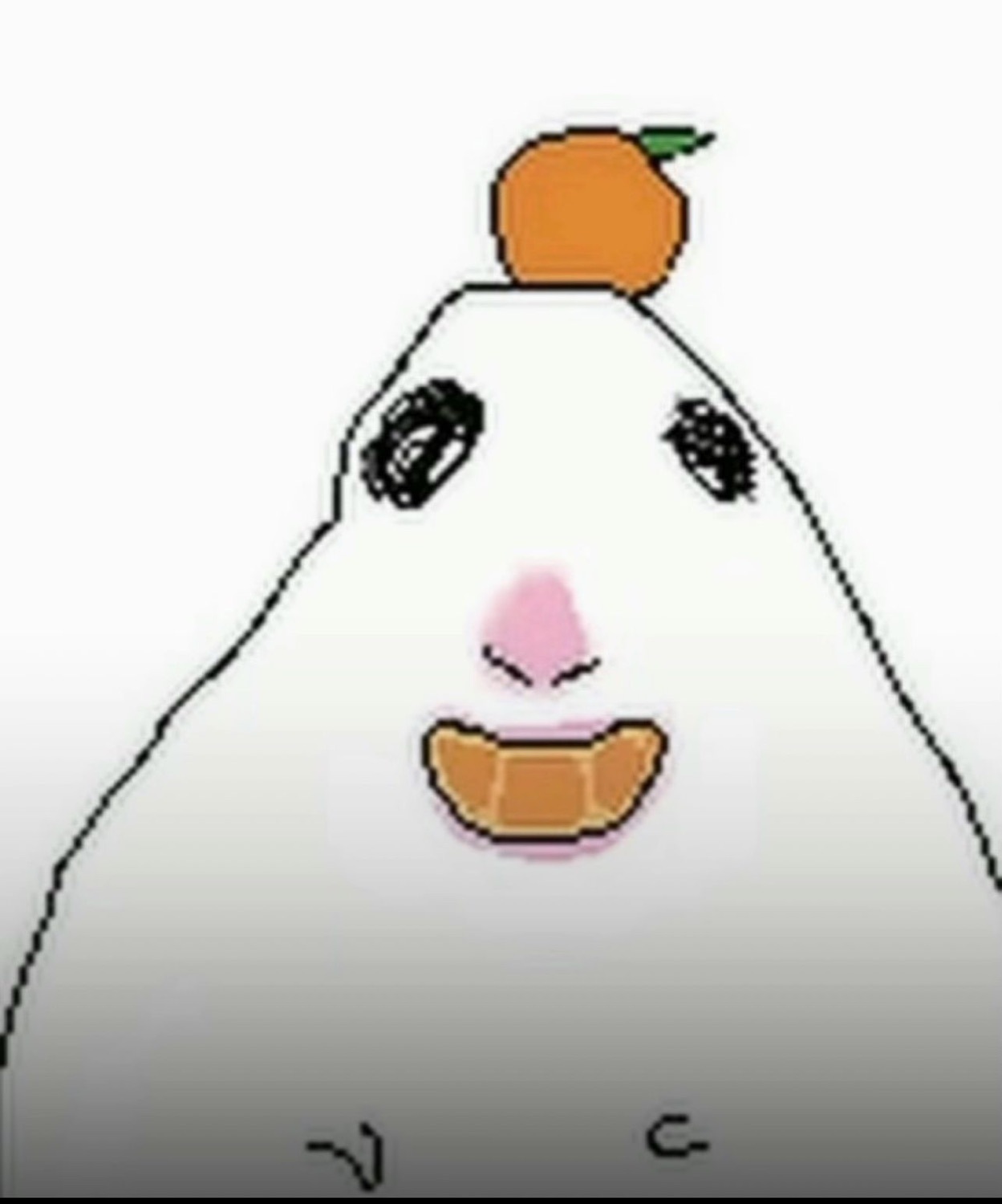 White blob cartoon with a tangerine on its head grinning with an open orange mouth