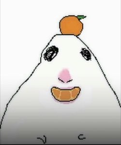 White blob cartoon with a tangerine on its head grinning with an open orange mouth
