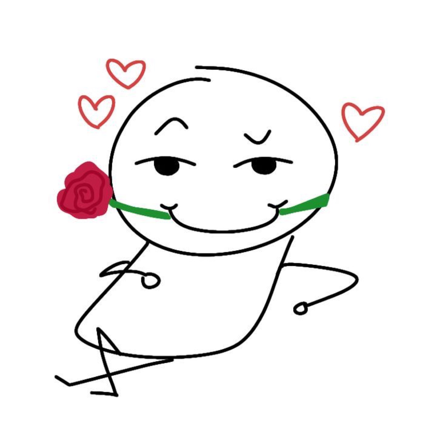 Stick-figure blob holding a rose with hearts floating around, looking very pleased with itself