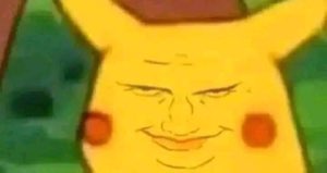 Cursed Pikachu with a smug realistic human face smirking at you