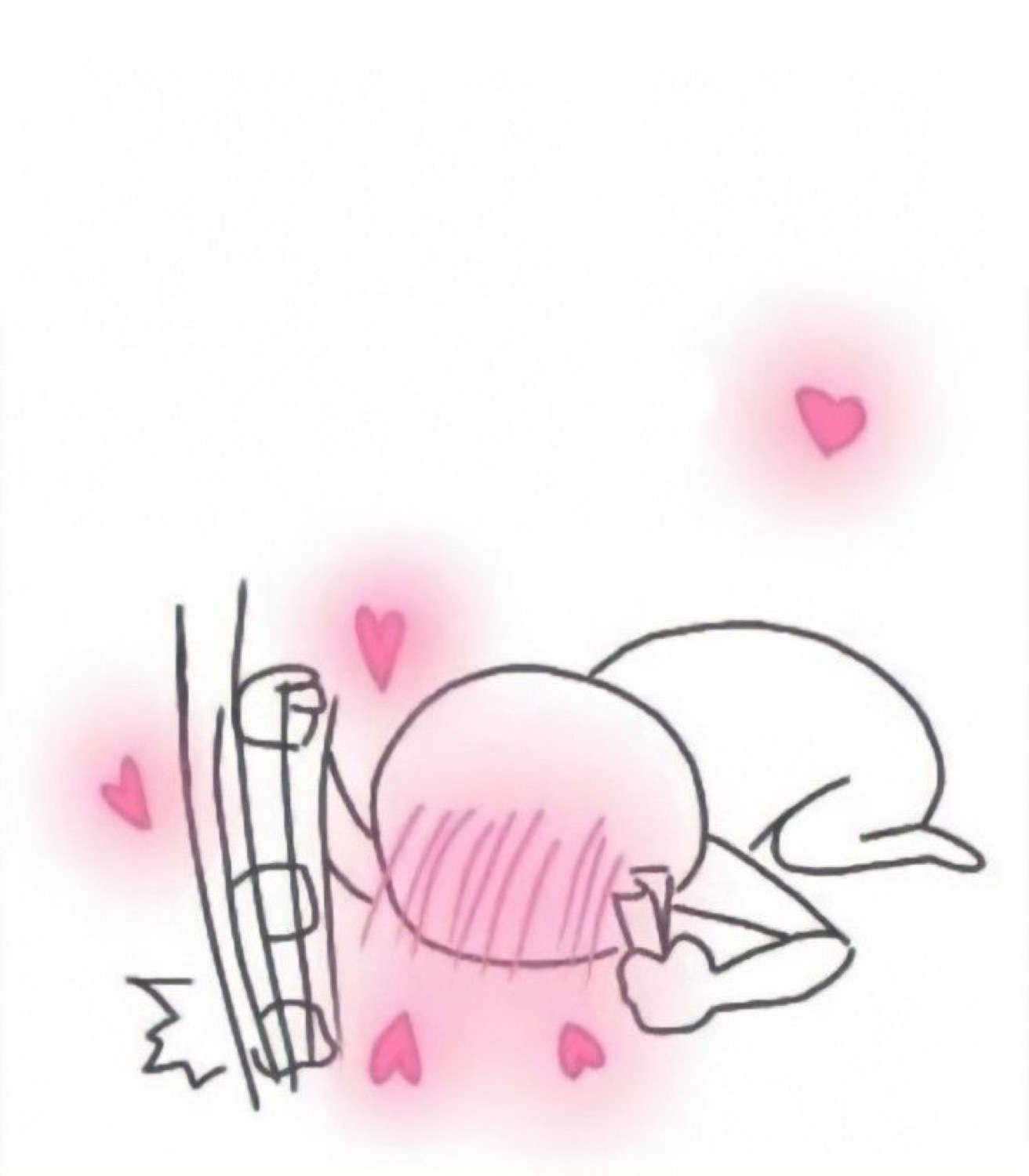Line-drawn blob lying face-down kicking its feet, blushing among hearts