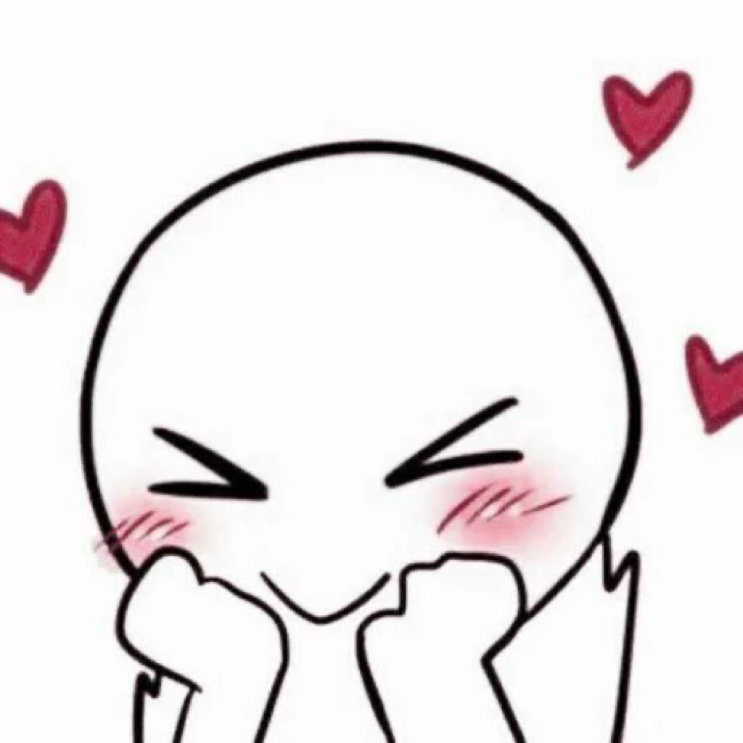 Simple line-drawn face blushing behind its fists, surrounded by hearts